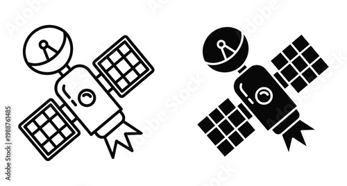 Satellite icon set featuring outline and solid black versions with solar panels dish antenna and thruster for space communication technology