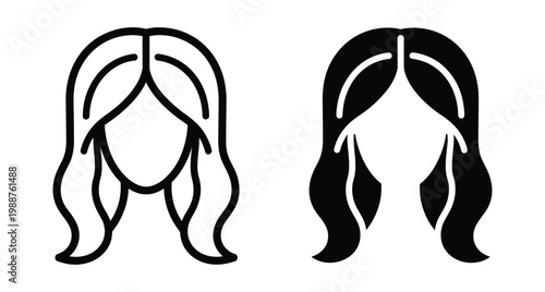 Long wavy hair hairstyle icon set for woman beauty salon fashion design female head silhouette outline and solid vector graphic