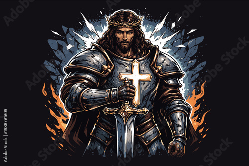 Jesus Christ Warrior in Full Plate Armor with Crown of Thorns and Cross Sword, Brutalist Christian Streetwear Vector Graphic Design, Faith is My Armor Spiritual Warfare T-Shirt Art Illustration.