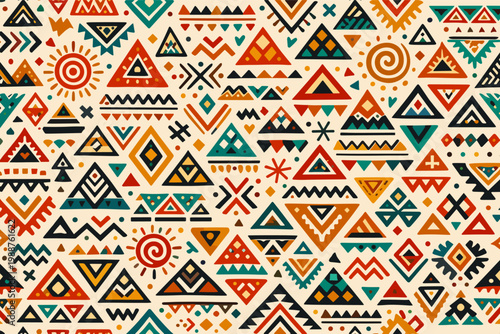 Hand Drawn Abstract Seamless Pattern with Ethnic Tribal Motifs, Aztec Style Geometric Background Featuring Triangles, Suns, and Spirals in Earthy Tones for Textiles, Banners, and Interior Decor.