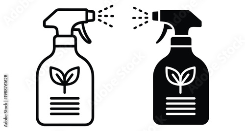 Eco friendly spray bottle icons with leaf symbol for organic cleaning products natural gardening pesticide and sustainable household liquid solutions