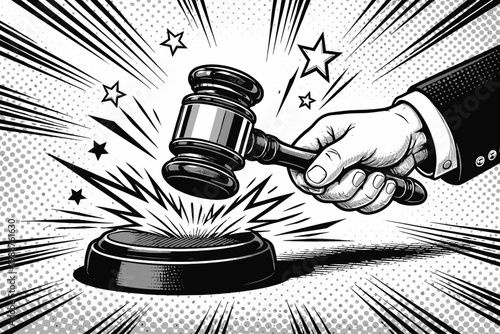 Black and white pop art vector illustration of a hand banging a wooden judge's gavel on a sound block with dramatic comic book action lines and stars, symbolizing law, justice, and court rulings.