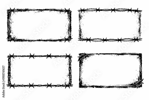 Set of four grunge rectangular frames with rough edges and barbed wire elements. Vintage distressed border design for industrial, prison, or punk rock style graphics, posters, and backgrounds.