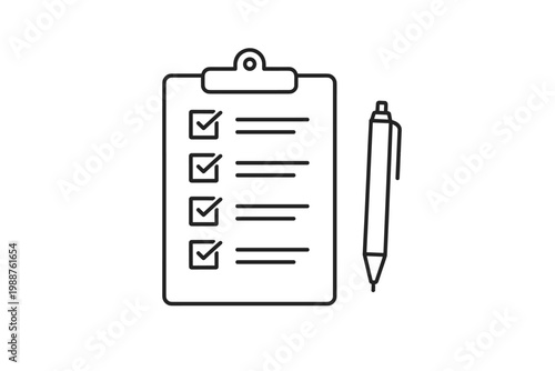 Minimalist black line art of a checklist on a clipboard with a pen. Simple flat vector illustration of a to-do list with checkmarks, task management, survey, and office supplies icon on white.