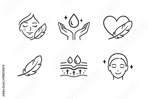 Sensitive Skin Icon Set for Organic Cosmetic and Skin Care Products, Featuring Feather, Hydrated Skin Layers, Gentle Facial Care, and Hypoallergenic Symbols for Healthy and Glowing Skin
