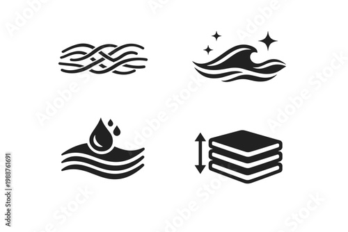 Set of Textile and Towel Texture Icons Featuring Fiber Weave Patterns, Soft Wave Symbols with Stars, Water Absorption Drops, and Stacked Layers Indicating Thickness, Fluffiness, and Fabric Quality.