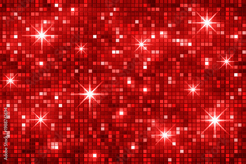 Red Disco Ball Mosaic Pattern with Shimmering Sequin Tiles and White Star Flares; Vibrant Scarlet Glitter Grid Texture for Festive Party Backgrounds, Luxury Celebrations, and Glamorous Vector Art