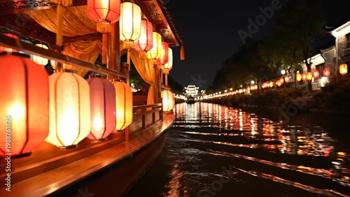 Traditional boat adorned with lanterns on river at night