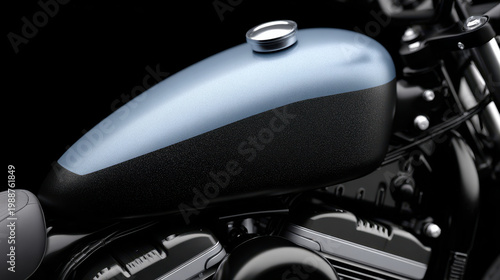 Motorcycle gas tank with matte blue and black paint, close up view of fuel cap and engine parts, sleek design with smooth curves and metallic