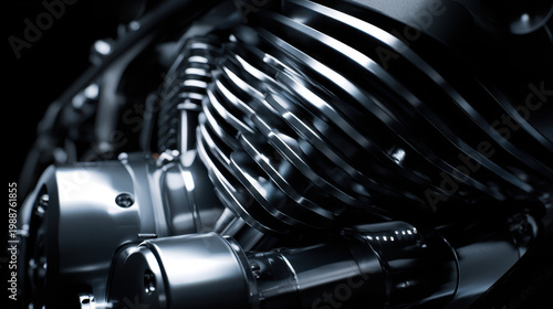 Motorcycle engine close up with shiny metal parts and cooling fins reflecting light in dark setting, showing mechanical detail and craftsmanship