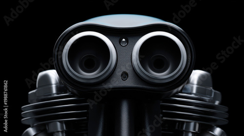 Close up of metallic engine part with twin circular openings and sleek black and silver design, evoking futuristic mechanical feel