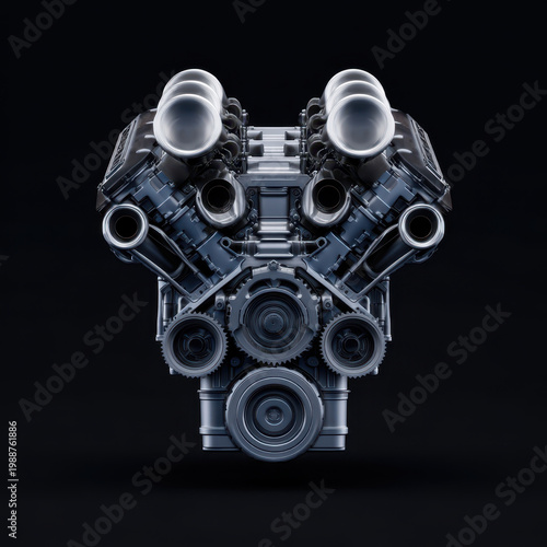 V shaped engine with visible intake manifolds and pulleys, detailed mechanical parts in metallic finish on black background