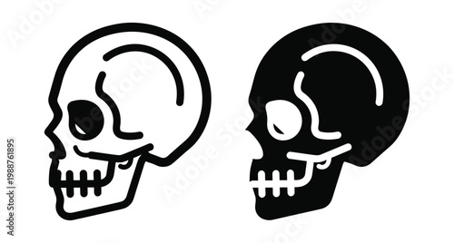 Human skull profile icons in outline and solid black silhouette styles for medical anatomy halloween or gothic graphic design projects