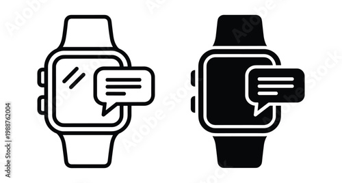 Smartwatch notification icon set featuring digital wrist watch with chat bubble message symbol for mobile app interface and communication design