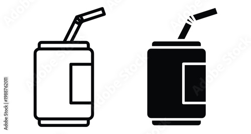 soda can icon set with straw outline and solid silhouette style for beverage packaging soft drink juice and carbonated water