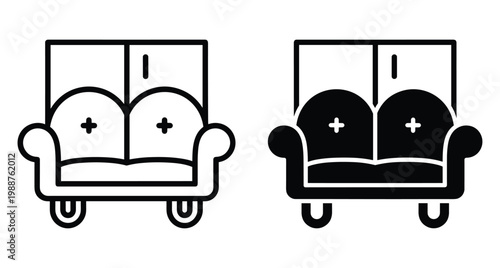 Sofa couch furniture icon set in outline and solid glyph style for interior design home decor living room seating apartment comfort lounge relaxation house