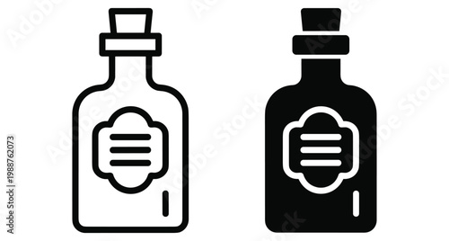 Bottle icon with cork and label for medicine potion alcohol or rum in outline and solid glyph vector style set