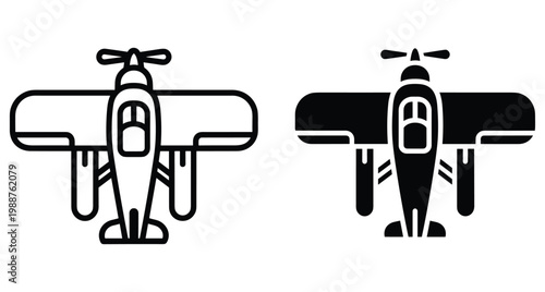 Propeller airplane icon set featuring outline and solid glyph styles for aviation travel transport flight pilot and aerospace design projects