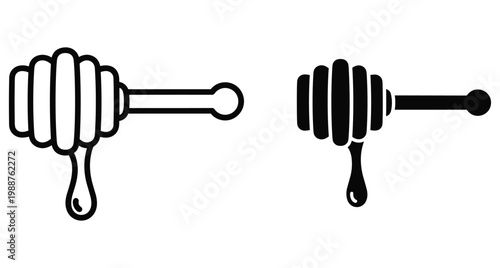 Honey dipper icon set with dripping liquid drop in outline and solid black silhouette style for food and kitchen design
