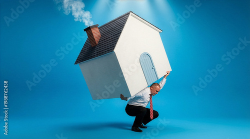 Man in white shirt and red tie carrying a large model house on his back.