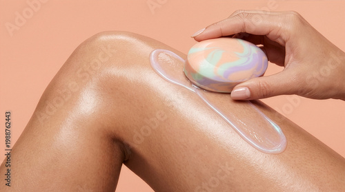 Female hand applying swirled pastel soap bar to wet leg on peach background.
