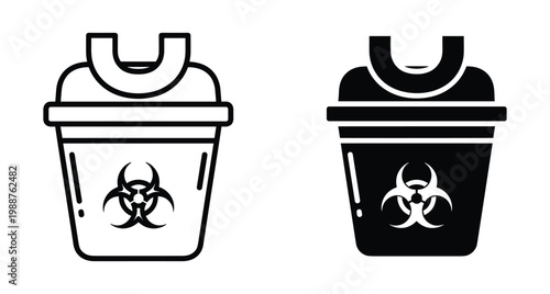 Biohazard waste bin icon set for medical disposal of infectious materials and hazardous sharps in hospital or laboratory clinic settings