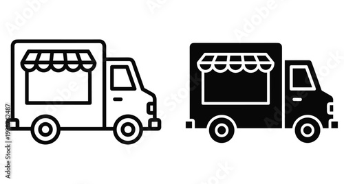 food truck icon set featuring mobile street food van with awning window in outline and solid black glyph style graphic