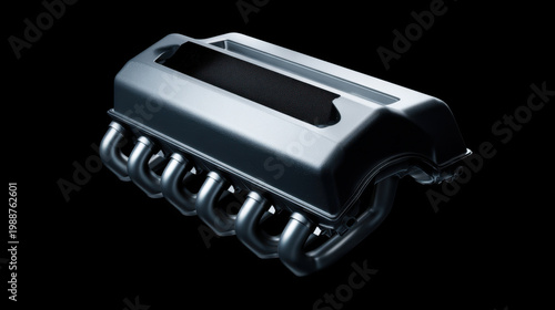 High performance car engine with metallic pipes and sleek cover isolated on black background, showcasing mechanical power and precision design