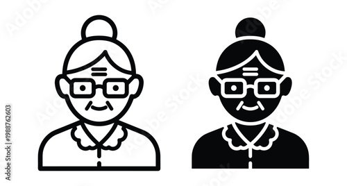 Grandmother icon set featuring elderly woman with glasses and hair bun in line and solid glyph styles for web design