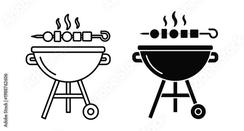 Barbecue grill icon set with charcoal kettle and meat kebab skewer for summer picnic party outdoor cooking and food festival