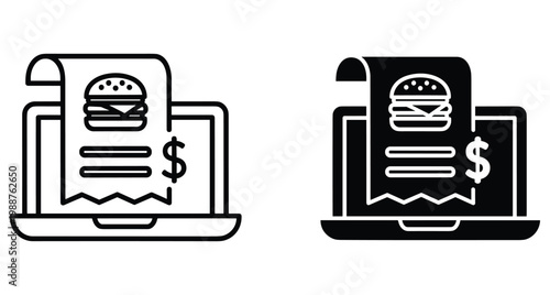 Online food ordering and digital receipt icon set showing laptop screen with burger bill and dollar sign for delivery services