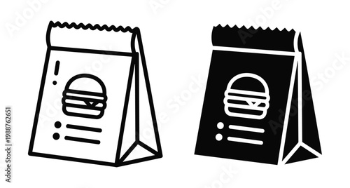 Paper bag icon set with burger symbol for fast food delivery service takeout packaging lunch meal snack restaurant branding design