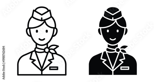 Flight attendant icon set featuring stewardess in uniform with hat and scarf in outline and solid black glyph vector style