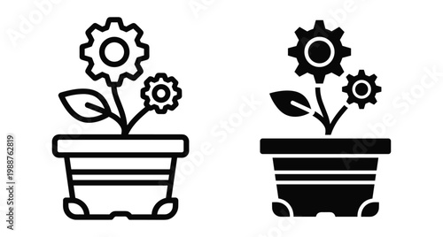 Industrial growth concept icon showing plant in pot with gear flowers representing mechanical innovation engineering development and sustainable business progress