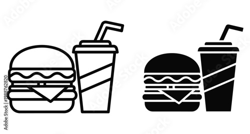 Fast food icon set featuring hamburger cheeseburger and soda cup with straw in outline and solid black silhouette vector styles