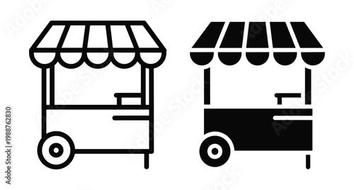 Food stall icon set featuring street market cart with striped awning and wheels for retail business and mobile vending services