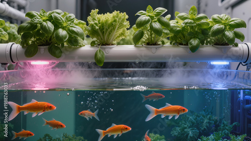 Modern aquaponics system indoor farm with green plants and fish tank.