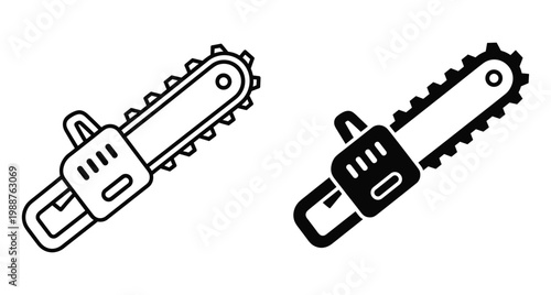 Chainsaw icon set featuring outline and solid black silhouette styles for wood cutting logging forestry gardening and industrial power tool design