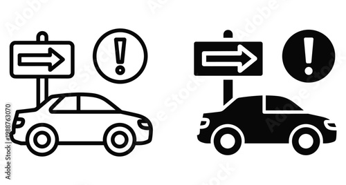 Car icon with directional arrow sign and exclamation mark warning symbol for traffic navigation road safety and vehicle alert information