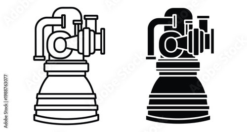 Rocket engine propulsion system icon set featuring outline and solid silhouette designs for aerospace engineering space exploration and technology projects