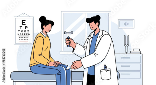 Doctor examining patient's knee reflex with reflex hammer in clinic, eye chart on wall