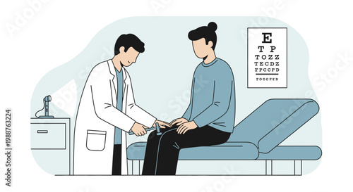 Doctor examining patient's knee reflex with reflex hammer, eye chart in background