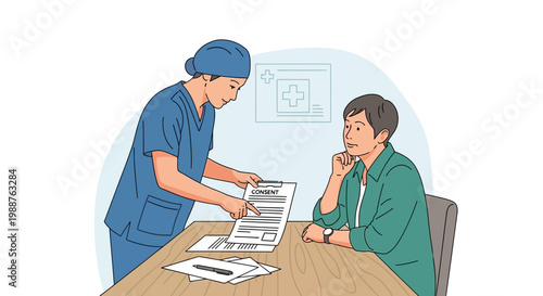 Doctor explaining consent form to patient, healthcare consultation, medical agreement