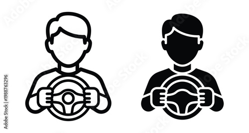 Driver man holding steering wheel icon set for car transport vehicle navigation chauffeur person operating automobile control symbol graphic design element