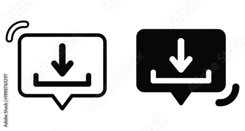 Download notification icons set featuring speech bubble message box with downward arrow symbol for digital file transfer and data storage