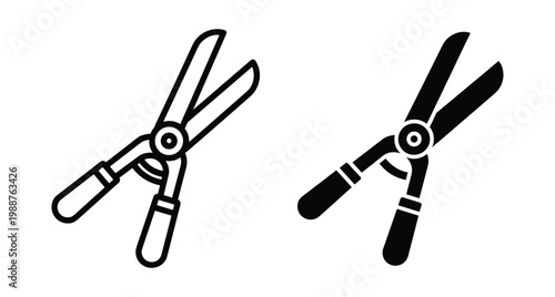 Garden shears icon set featuring outline and solid silhouette styles for landscaping pruning trimming and horticulture equipment maintenance tool design