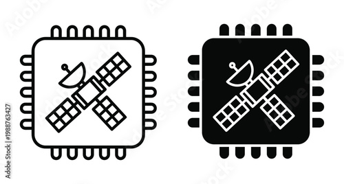 Satellite technology microchip icon set representing space communication hardware electronic circuit processor component digital data transmission orbital network system engineering