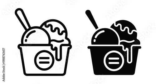 Ice cream cup icon set with two scoops melting sauce and spoon in outline and solid black glyph style