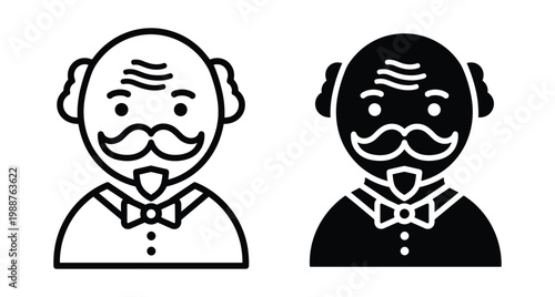 Elderly man icon set featuring senior gentleman with mustache goatee and bowtie in outline and solid black vector graphic styles
