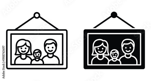 Family portrait icon set featuring mother father and child in a hanging picture frame for home decor and memory concepts